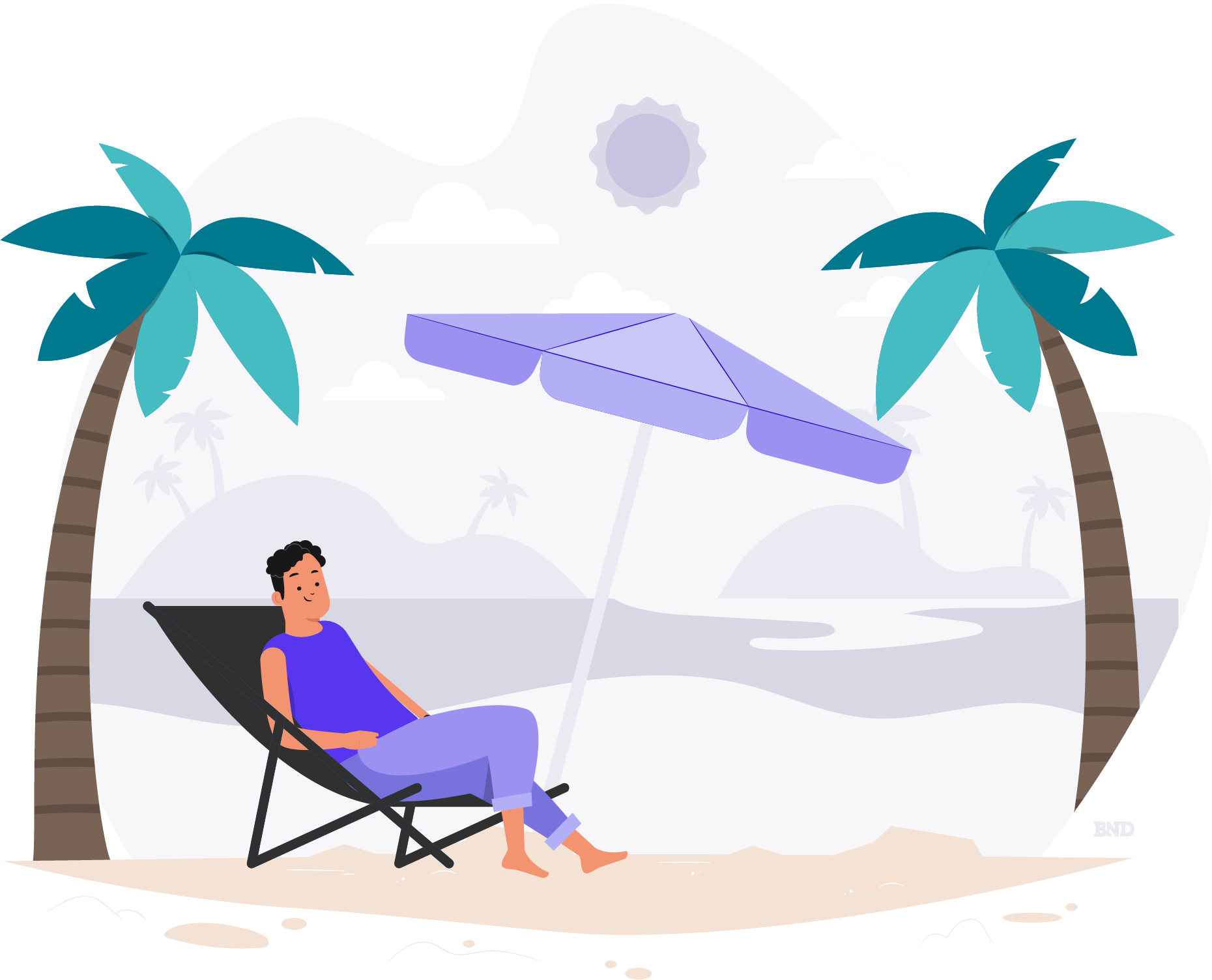 graphic of someone sitting on a beach under an umbrella